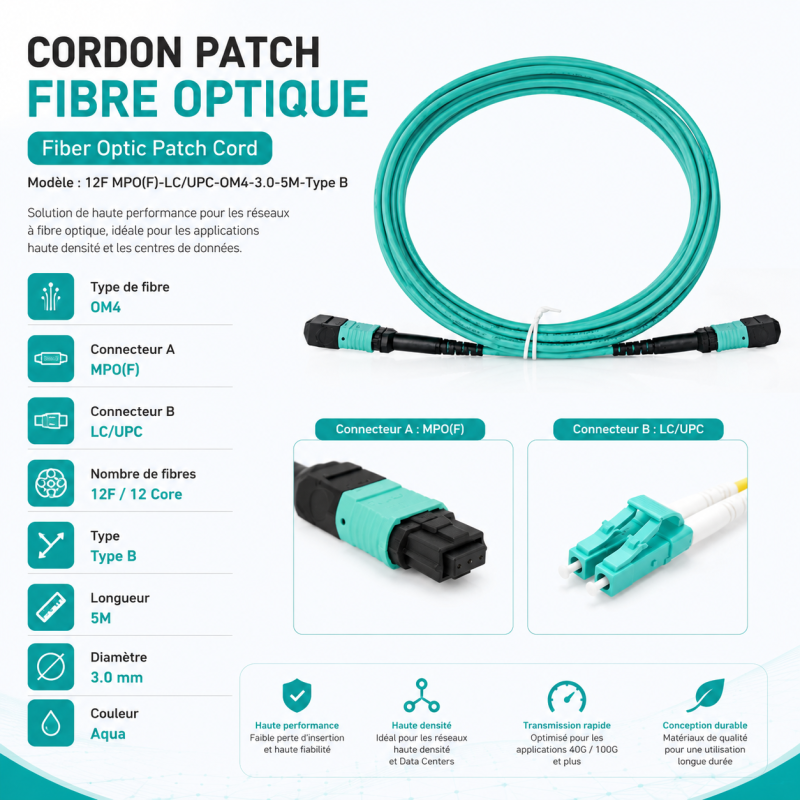 Cordon Patch Fibre Optique Générique 12F MPO(F)-LC/UPC-OM4-3.0-5M-Type B – vue 3