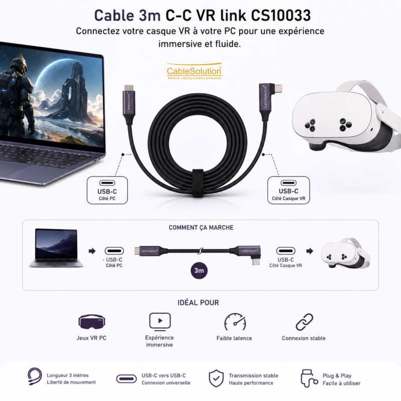 Câblage usb CableSolution VR Link Cable 3m USB 3.2 CM/CM – vue 2