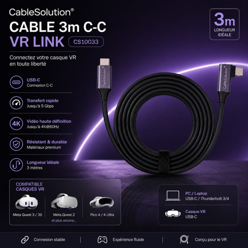 Câblage usb CableSolution VR Link Cable 3m USB 3.2 CM/CM – vue 3