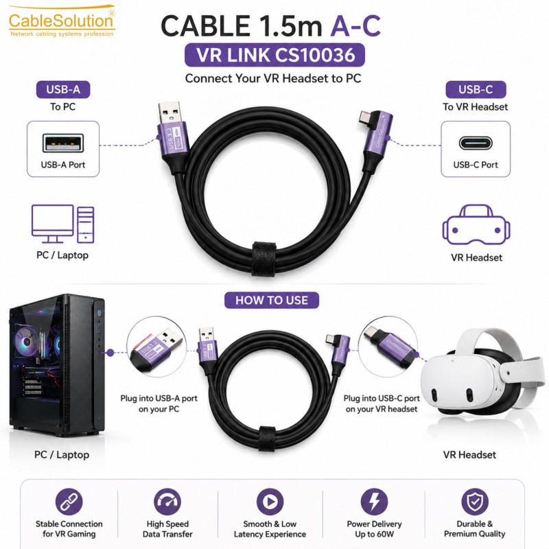 VR Link Cable USB-A vers USB-C 1.5M CableSolution CS10036 – vue 3