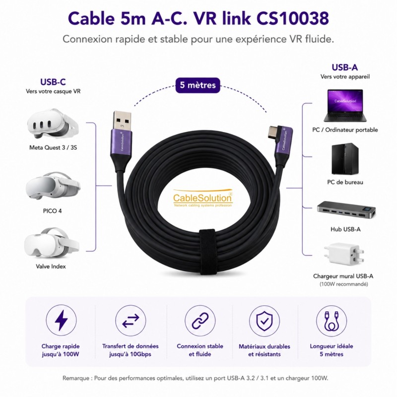Câble VR Link USB 3.2 AM/CM 5M CableSolution CS10038 – vue 2