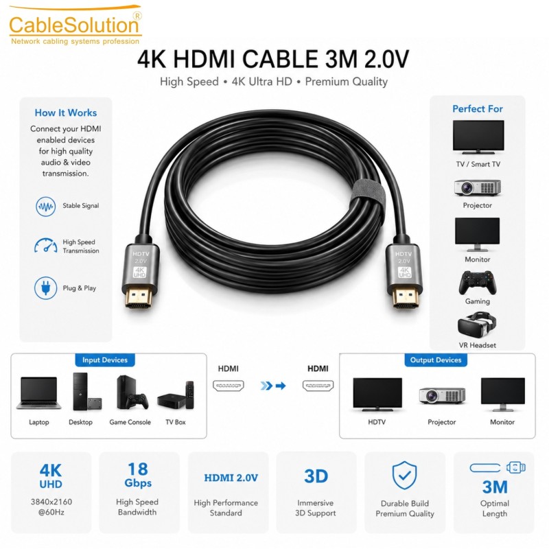 CABLESOLUTION Câble HDMI 2.0 Premium High Speed 3m 4K Ultra HD – vue 4