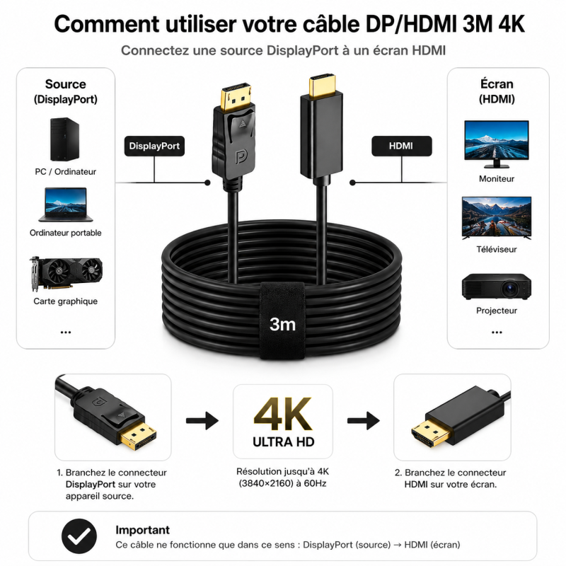 Câble DisplayPort vers HDMI CableSolution CS-DPHD4K3 – vue 2